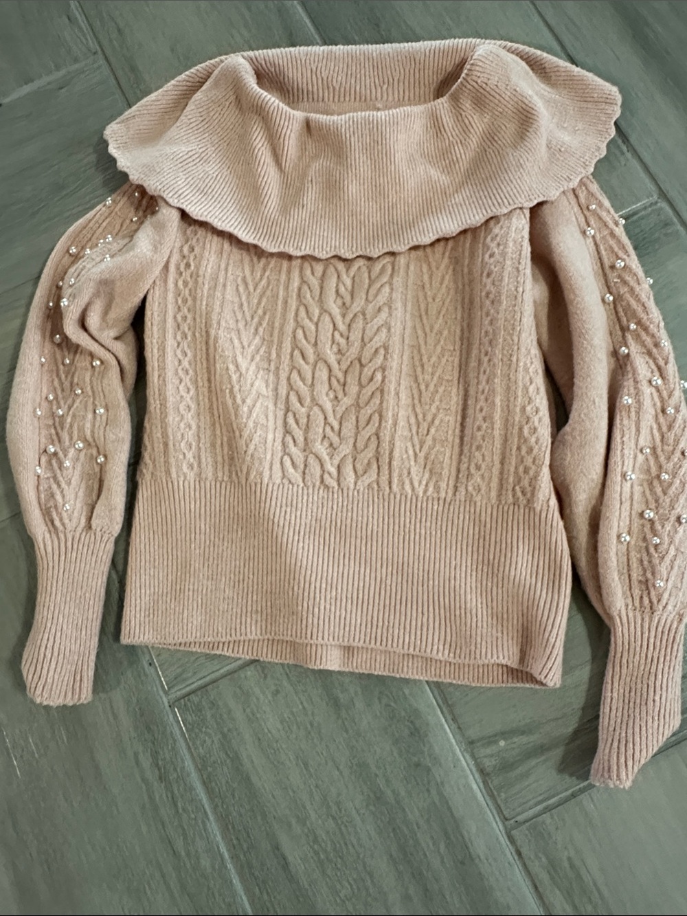 Excellent condition PEARL Embellished Cable Knit Off-Shoulder Sweater - Blush